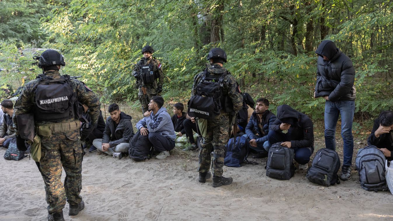 Serbian gendarmerie officers stand by migrants who are to be searched, close to the Serbia-Hungary border
bevándorlás