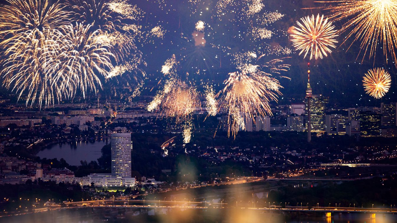 Business,District,Of,Vienna,With,Skyscrapers,And,Fireworks.,New,Year's