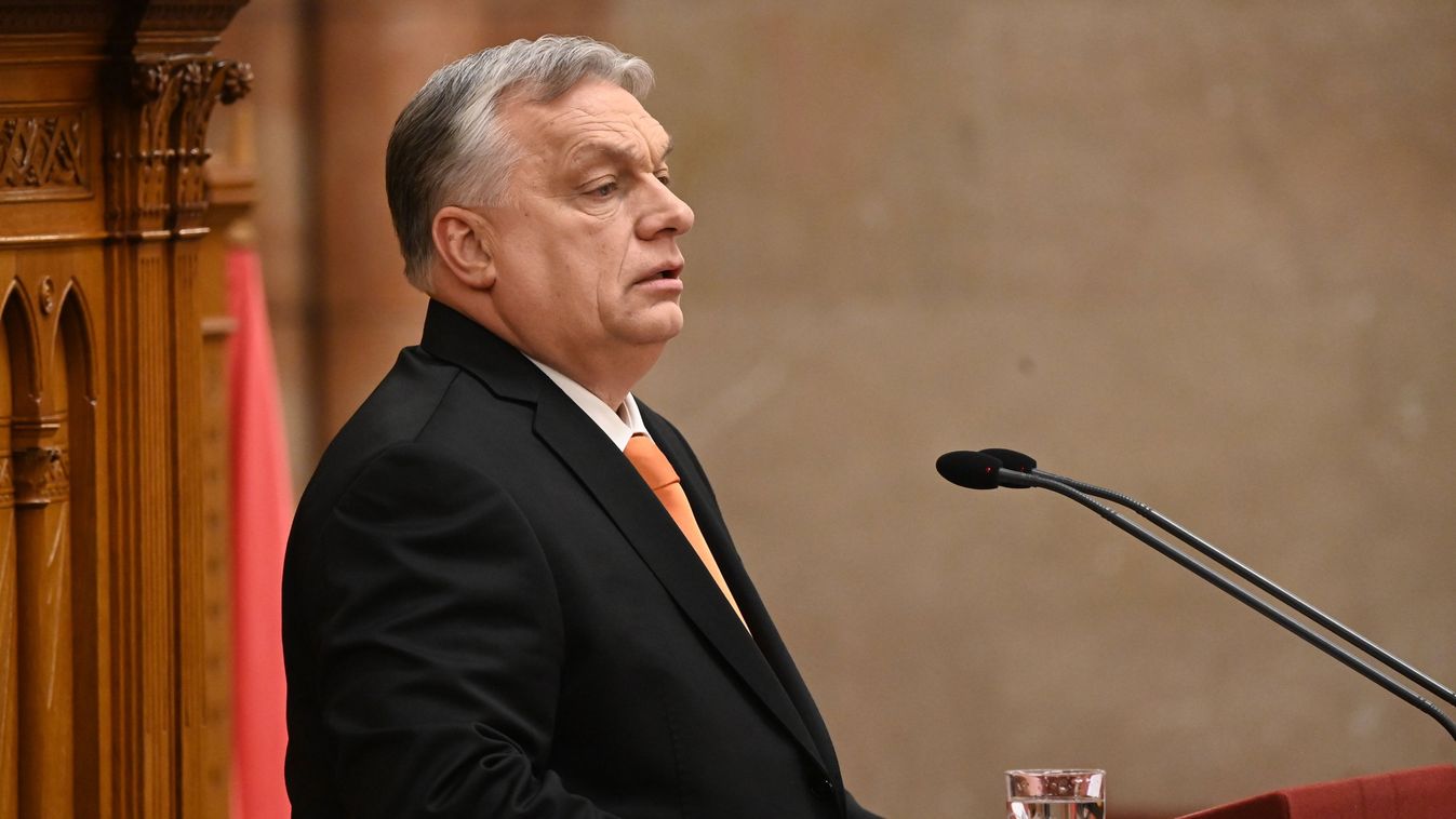Budapest, 2024. február 26.
Orbán Viktor miniszterelnök felszólal napirend elõtt az Országgyûlés plenáris ülésén 2024. február 26-án.
MTI/Máthé Zoltán