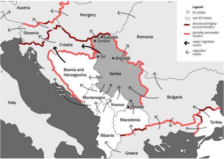 balkáni útvonal elágazásai, migráció, migráns, bevándorló, Szerbia, Bosznia, Horvátország