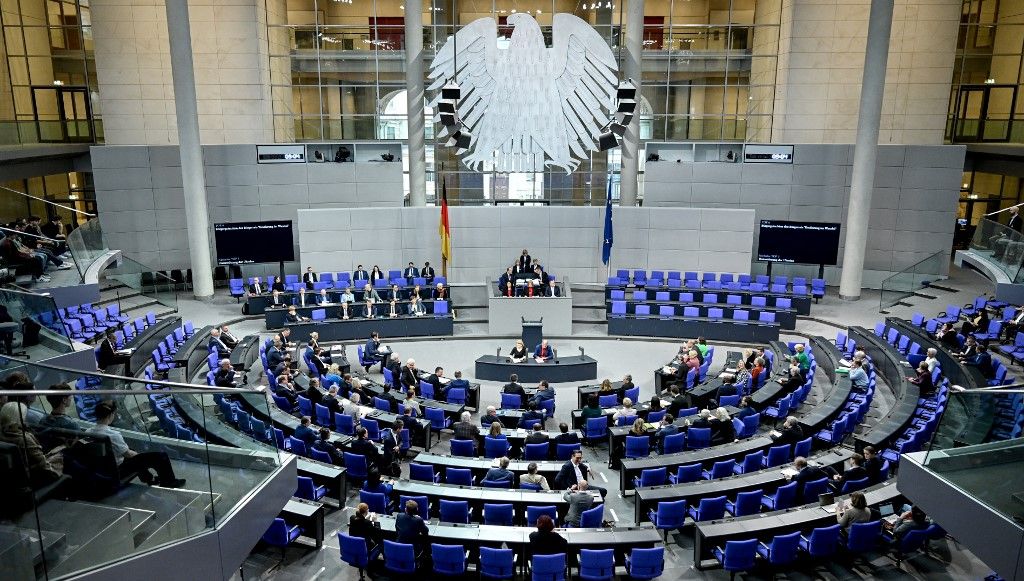 A Bundestag ülése Berlinben. A témák között szerepel a Taurus cirkálórakéták Ukrajnába szállításáról szóló szavazás. (Fotó: BRITTA PEDERSEN / DPA / dpa Picture-Alliance az AFP-n keresztül)