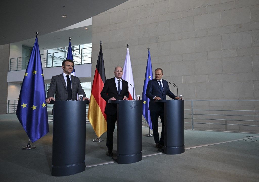 German Chancellor Scholz - French President Macron - Polish Prime Minister Tusk joint press conference in Germany