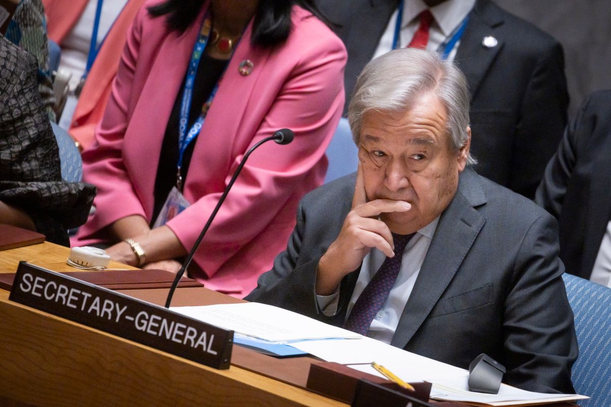 Antonio Guterres, az ENSZ főtitkára az ENSZ Biztonsági Tanácsának (BT) az ukrajnai háborúról tartott tanácskozásán a világszervezet New York-i székházában 2023. szeptember 20-án.