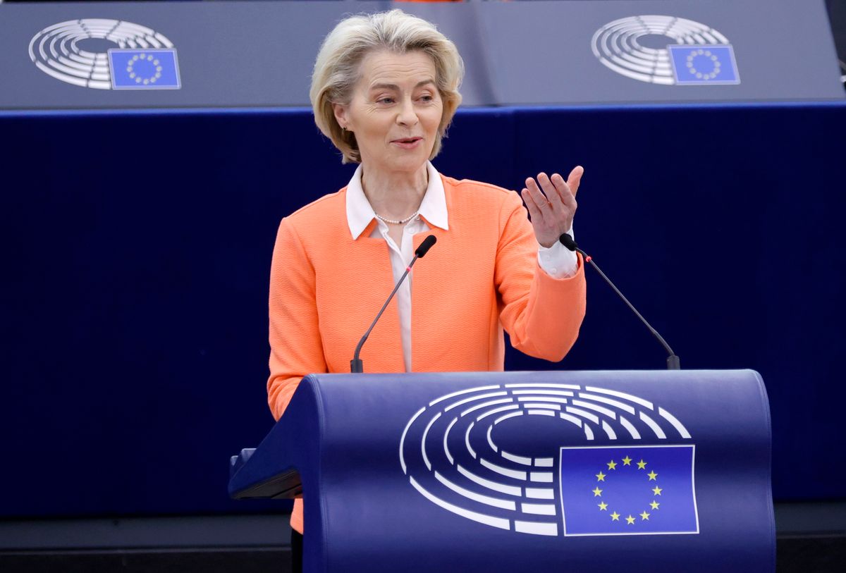 Ursula von der Leyen, az Európai Bizottság elnöke felszólal az Európai Parlament plenáris ülésén 2024. március 12-én. (Fotó: MTI/EPA/Ronald Wittek)