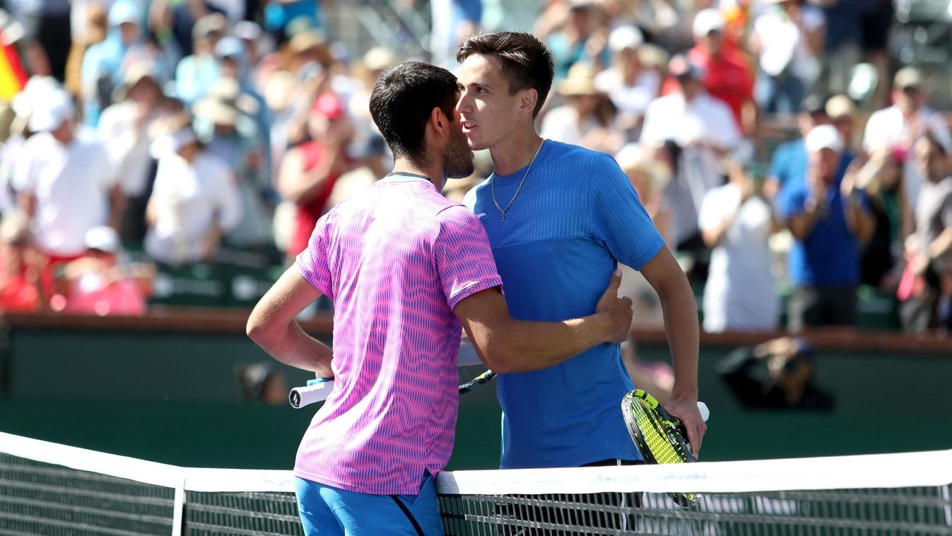 Carlos Alcaraz, left, defeated Fabian Marozsan in their fourth-round match at the BNP Paribas Open in Indian Wells, Calif., on