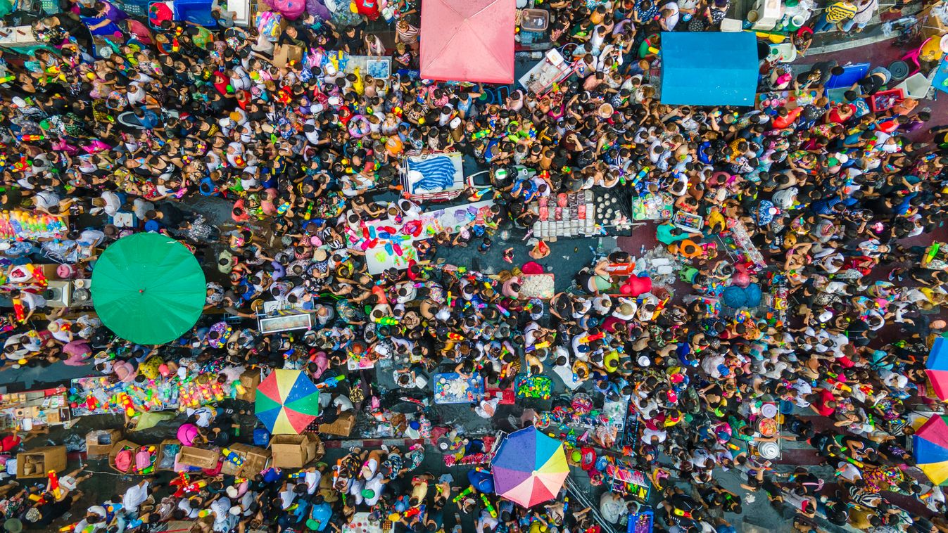 Aerial view/Many Thai and foreign tourists joining the fun Songkran festival. In Thailand at Khao San Road in Bangkok, which is a landmark that tourists around the world must visit once.