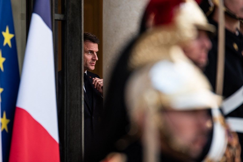 Emmanuel Macron francia elnök 2024. április 8-án fogadja a Szerb Köztársaság elnökét, Alexandar Vucicot a párizsi Elysee-palotában. (Fotó:NurPhoto/AFP/Andrea Savorani Neri)