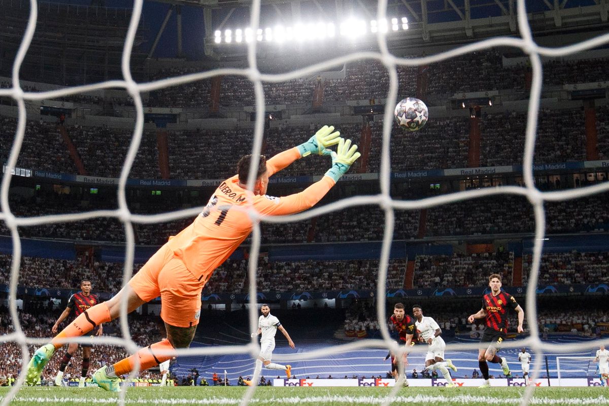 Tavaly májusban a spanyol fővárosban 1-1-re végződött a Real Madrid és a Manchester City meccse, itt Vinicius Junior gólja Fotó: MTI/EPA/EFE/Sergio Pérez