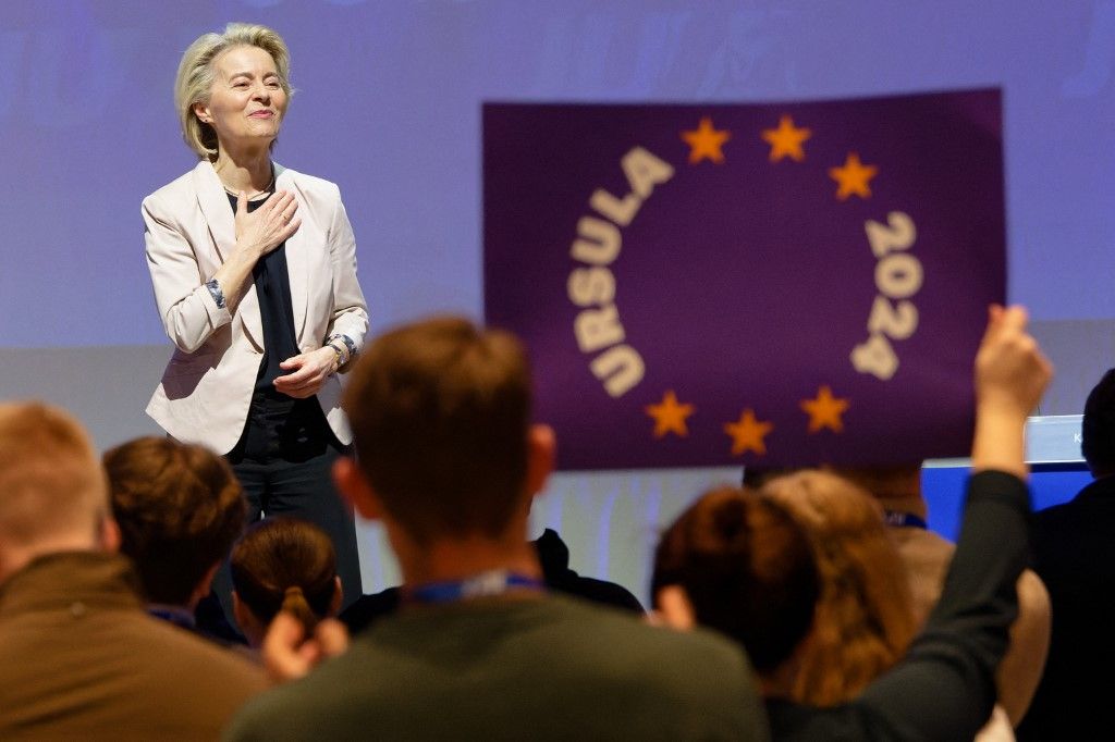 Ursula von der Leyen, az EPP vezető jelöltje és az Európai Bizottság elnöke felszólal a Junge Union 60. NRW-napján. (Fotó: dpa Picture-Alliance/AFP/Henning Kaiser)