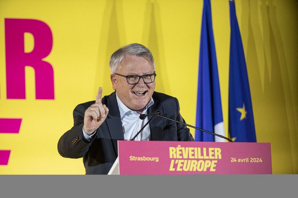 French Socialist Party Candidate For The European Elections Raphael Glucksmann Reacts On Stage During A Meeting In Strasbourg, Eastern France, Wednesday April 24, 2024. The European Elections In France Will Take Place On June 9, 2024.