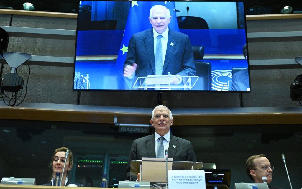 Josep Borrell, az Európai Unió külügyi és biztonságpolitikai főképviselője felszólal a Schuman Biztonsági és Védelmi Partnerségi Fórumon Brüsszelben, Belgiumban 2024. május 29-én. (Fotó: Anadolu/AFP/Dursun Aydemir)
