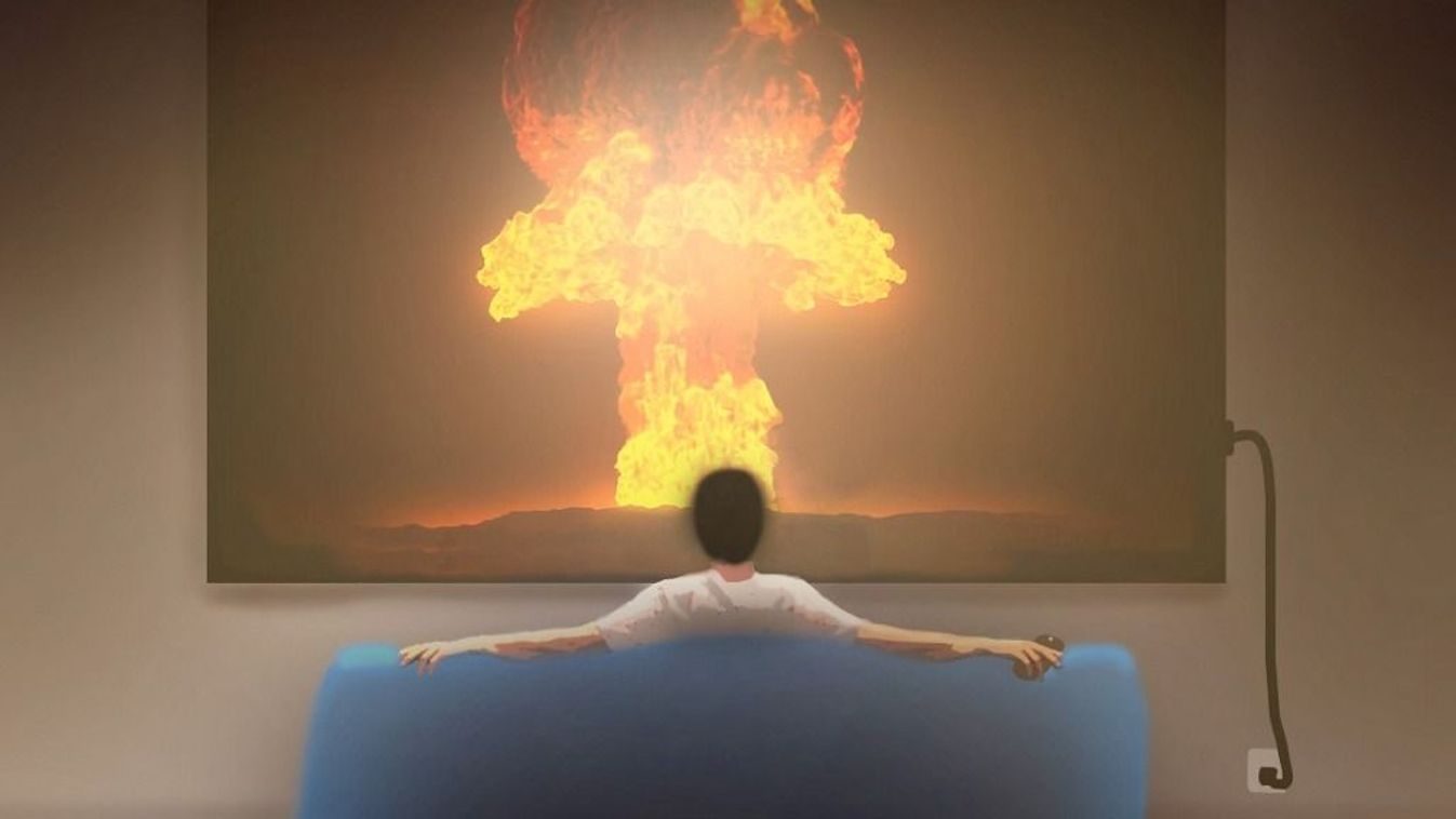 Man watching nuclear explosion on a television, illustration