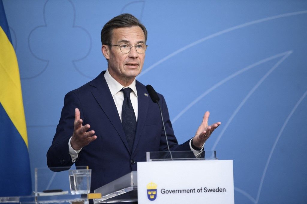 Svédország miniszterelnöke, Ulf Kristersson sajtótájékoztatót tart a Norrsken Alapítvány innovációs központjában Svédországban, Stockholmban 2024. május 14-én. (Fotó: AFP/Samuel STEEN)