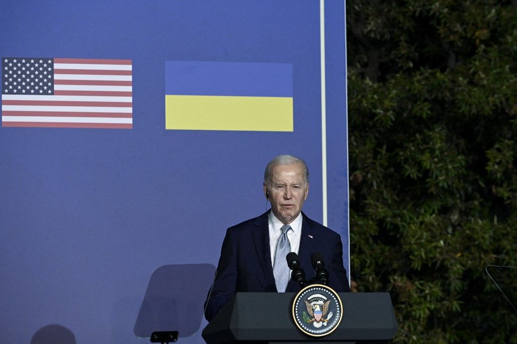 Joe Biden amerikai elnök közös sajtótájékoztatót tart. (Fotó: Valeria Ferraro / ANADOLU / Anadolu az AFP-n keresztül)