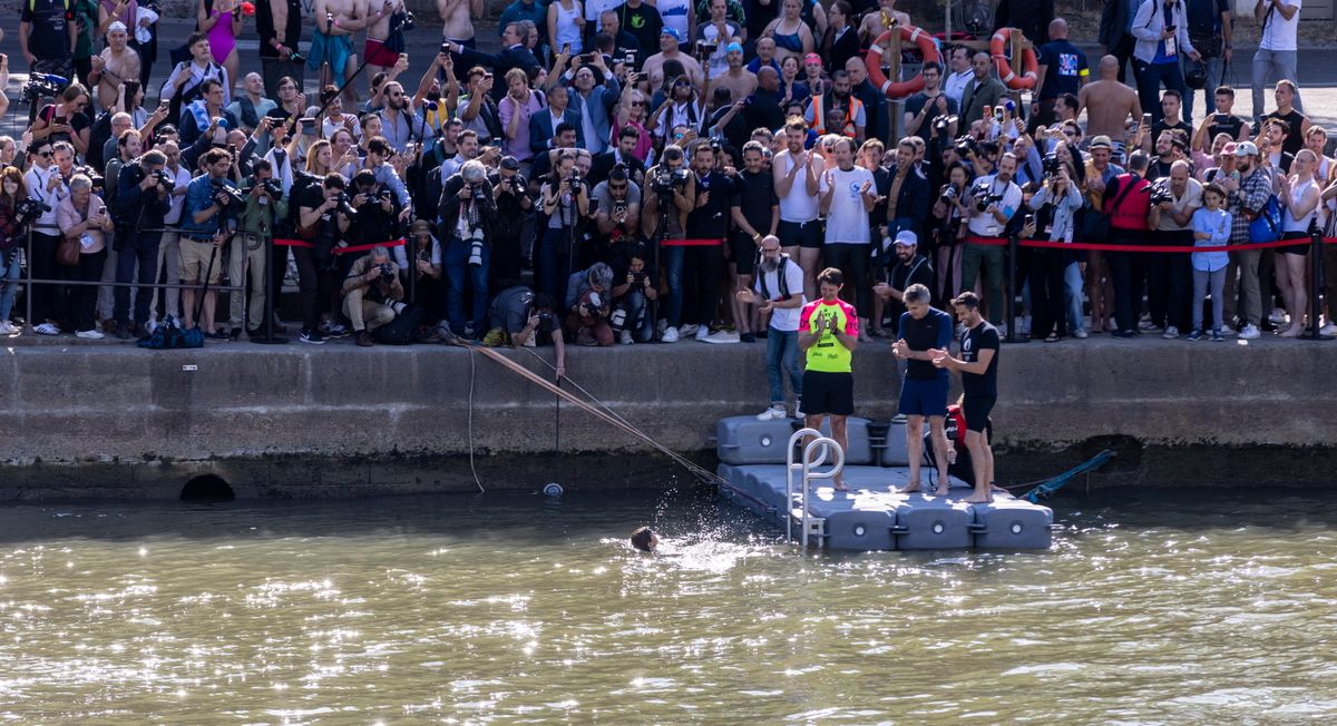 Paris Mayor Anne Hidalgo swims in the Seine river ahead Paris 2024 Olympic Games