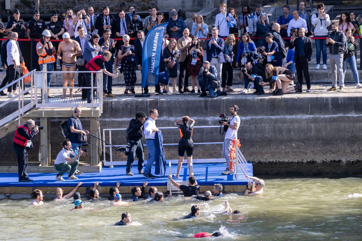 Paris Mayor Anne Hidalgo swims in the Seine river ahead Paris 2024 Olympic Games