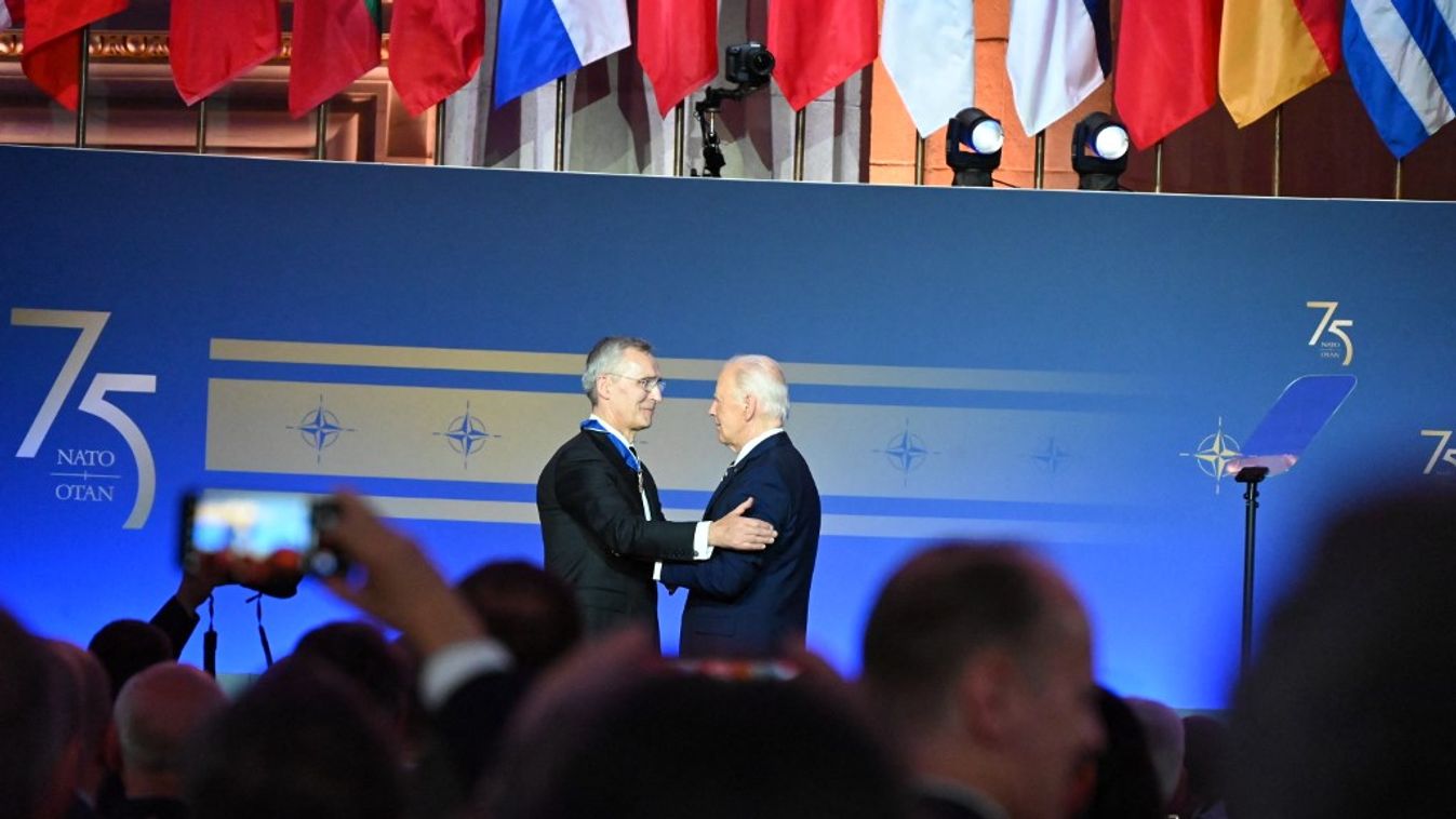 Secretary General Of Nato Jens Stoltenberg Presented With Presidential Medal Of Freedom At NATO 75th Anniversary Celebration