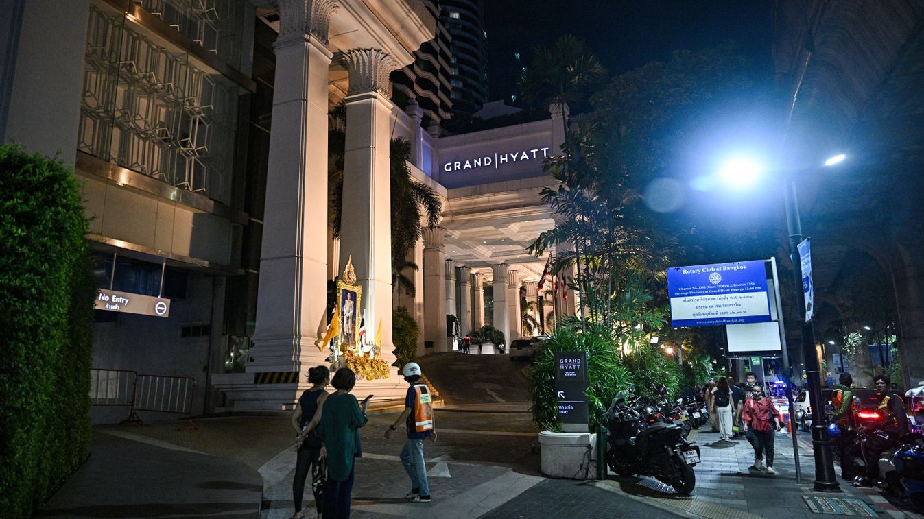 A general view of the street after an incident, in which six bodies were found at a hotel in Bangkok on July 16, 2024. (Photo by Lillian SUWANRUMPHA / AFP)