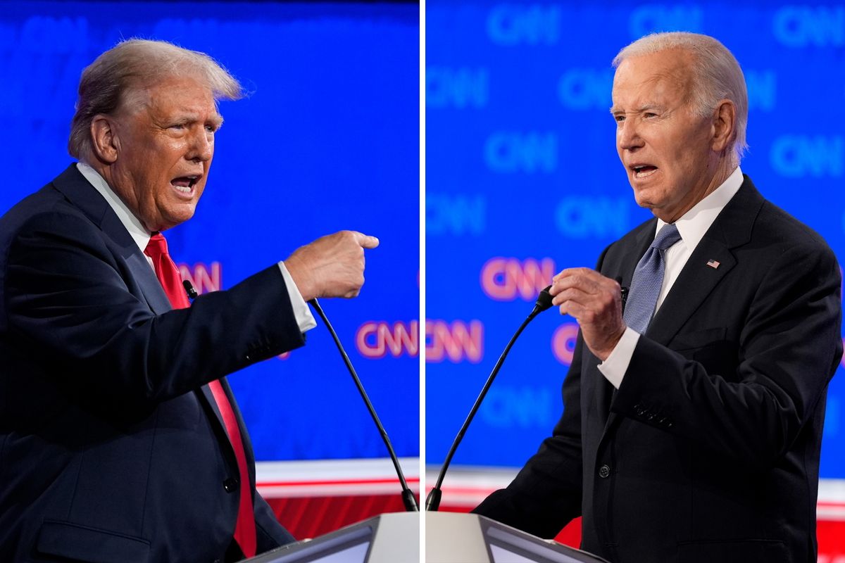 Az elnökjelöltek első televíziós vitáján részt vevő Joe Biden demokrata párti amerikai elnököt és Donald Trump republikánus párti volt amerikai elnököt ábrázoló, a CNN amerikai tévécsatorna atlantai stúdiójában 2024. június 27-én készített képek 