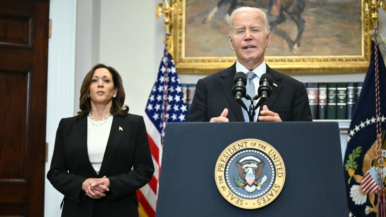 US President Joe Biden speaks from the Roosevelt Room of the White House as Vice President Kamala Harris looks on in Washington, DC, on July 14, 2024, one day after former president Donald Trump survived an apparent assassination attempt during a rally in Pennsylvania. (Photo by Mandel NGAN / AFP)