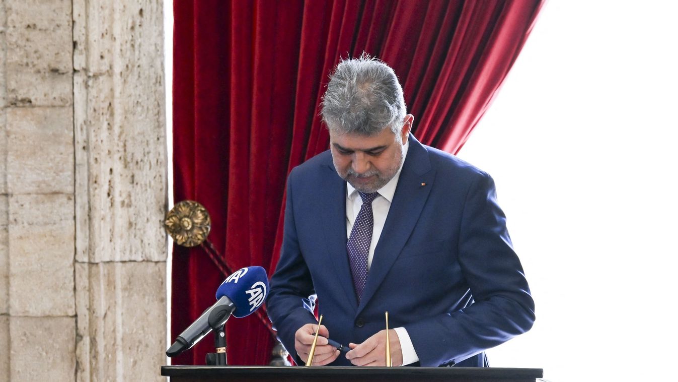 Romanian Prime Minister Marcel Ciolacu in Ankara
ANKARA, TURKIYE - MAY 21: Romanian Prime Minister Marcel Ciolacu signs Anitkabir's special guest book at Anitkabir, the mausoleum of Turkish Republic's Founder Mustafa Kemal Ataturk, during his official visit in Ankara, Turkiye on May 21, 2024. Utku Ucrak / Anadolu (Photo by Utku Ucrak / ANADOLU / Anadolu via AFP)