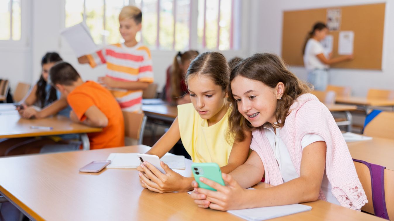 Girls,Sitting,At,Desk,In,Classroom,,Using,Smartphones,Together,During
Girls sitting at desk in classroom, using smartphones together during lesson in school.