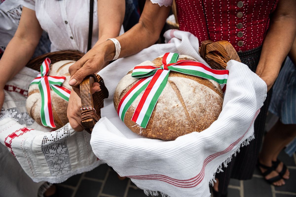 Budapest, 2022. augusztus 20.
Népmûvészeti mesterek hozzák a kenyeret a Mesterségek Ünnepén tartott kenyérszentelés kezdete elõtt a budai Várban, a Szentháromság téren 2022. augusztus 20-án. Az augusztus 20-i Szent István Nap rendezvénysorozatához kapcsolódó 36. Mesterségek Ünnepén, az ország legnagyobb népmûvészeti fesztiválján mintegy ezer hazai és külföldi kézmûves vesz részt.
MTI/Mónus Márton