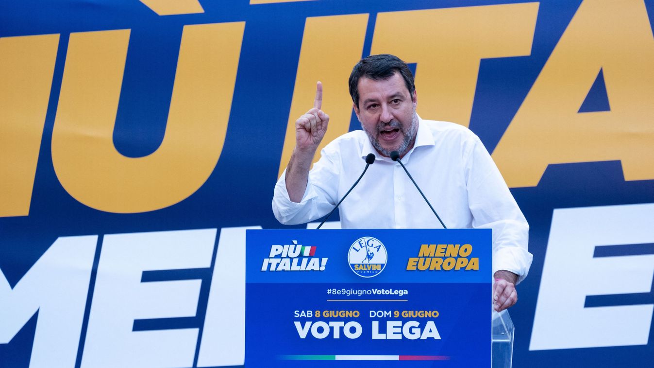 European Elections Campaign Italy 2024
Vice President and General Secretary of the Lega party, Matteo Salvini, is speaking during his speech on the last day of the European elections campaign in Rome, Italy, on June 6, 2024. (Photo by Tommaso Stefanori/NurPhoto) (Photo by Tommaso Stefanori / NurPhoto / NurPhoto via AFP)