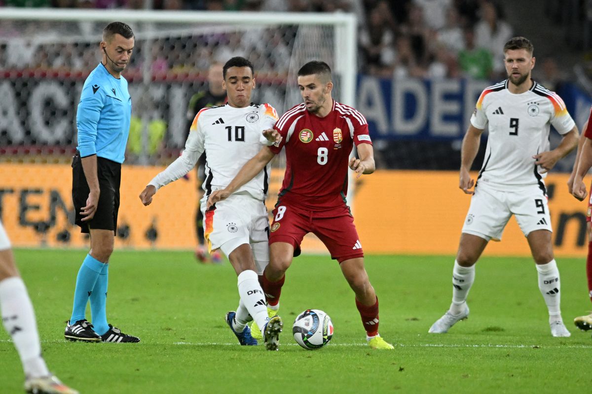 Nemzetek Ligája Németország Magyarország  Jamal Musiala and Hungary's Nagy Ádám Niclas Füllkrug (Photo by BERND THISSEN / DPA / dpa Picture-Alliance via AFP)