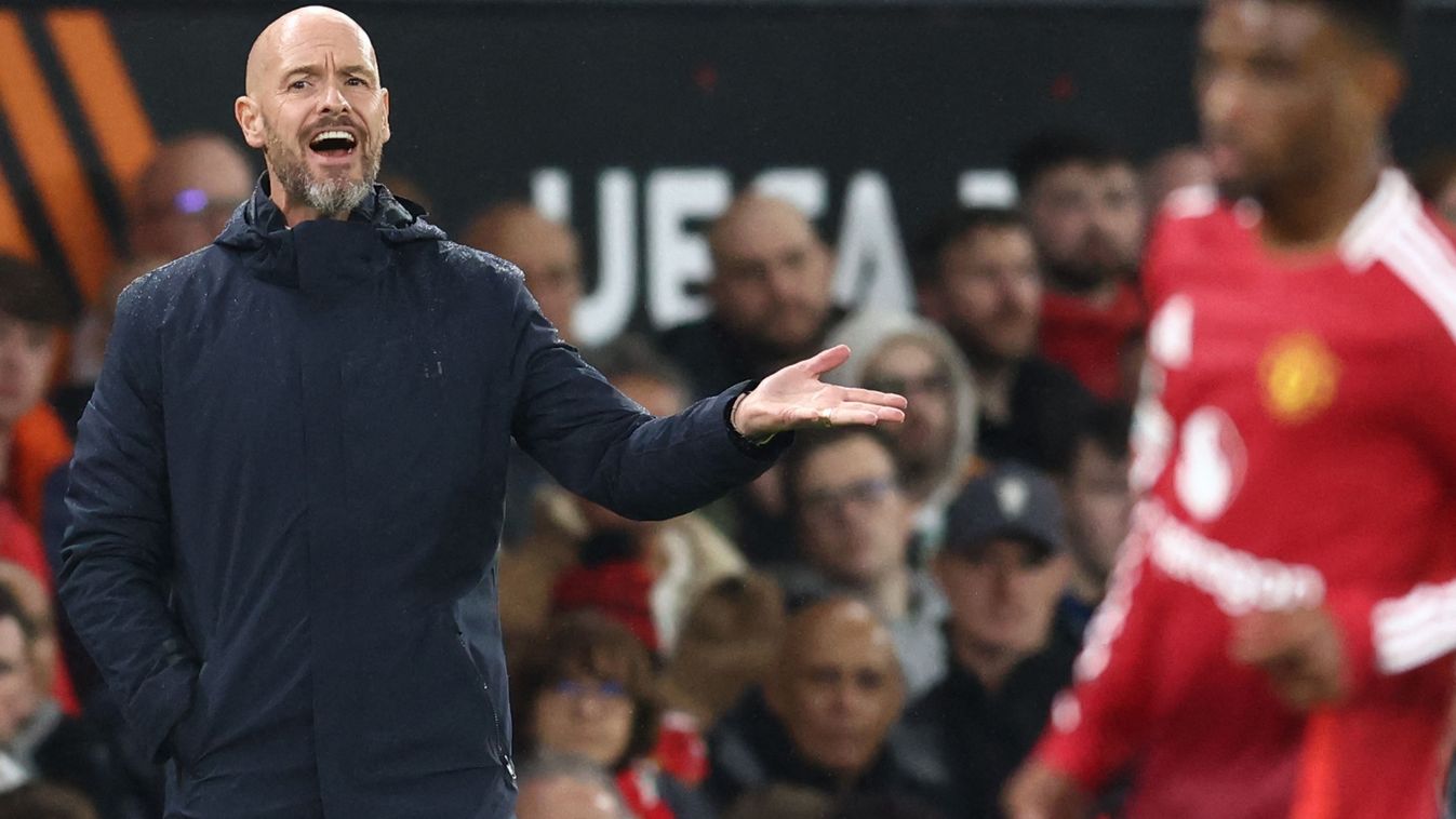 Manchester United's Dutch manager Erik ten Hag reacts during the UEFA Europa league stage football match between Manchester United and FC Twente at Old Trafford stadium in Manchester, north west England, on September 25, 2024. (Photo by Darren Staples / AFP)