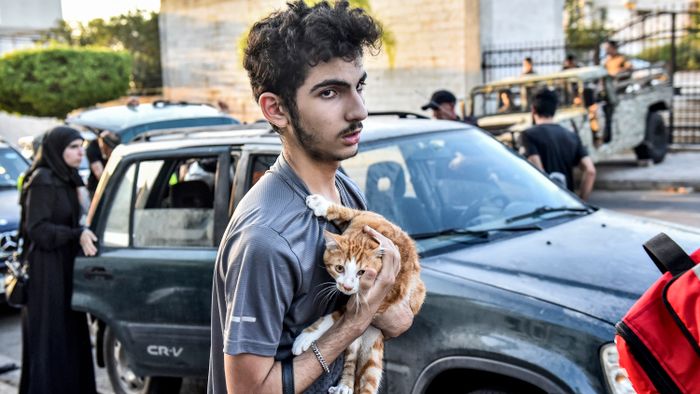 A youth holds a cat to his chest as people who fled their villages in southern Lebanon are received at an art institute transformed to shelter for persons displaced by conflict, in Beirut on September 23, 2024. Israeli air strikes killed 274 people, including 21 children, in south Lebanon on September 23, the Lebanese health minister said, in by far the deadliest cross-border escalation since war erupted in Gaza on October 7. (Photo by FADEL ITANI / AFP)