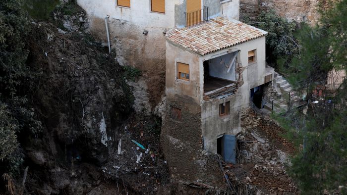 A picture taken on October 30, 2024 shows a damaged house following floods in Letur, southwest of Valencia, eastern Spain. Floods triggered by torrential rains in Spain's eastern Valencia region has left at least 70 people dead, rescue services said on October 30. (Photo by OSCAR DEL POZO / AFP)