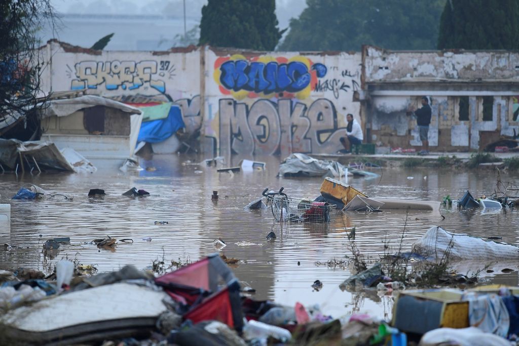 A flooded slum area is pictured in Picanya, near Valencia, eastern Spain, on October 30, 2024. Floods triggered by torrential rains in Spain's eastern Valencia region has left 51 people dead, rescue services said on October 30. (Photo by Jose Jordan / AFP)