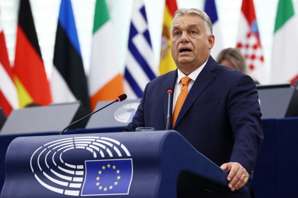 Orbán Viktor miniszterelnök 2024. október 9-én Strasbourgban, az Európai Parlament plenáris ülésén ismerteti Magyarország hat hónapos tanácsi elnökségének programját