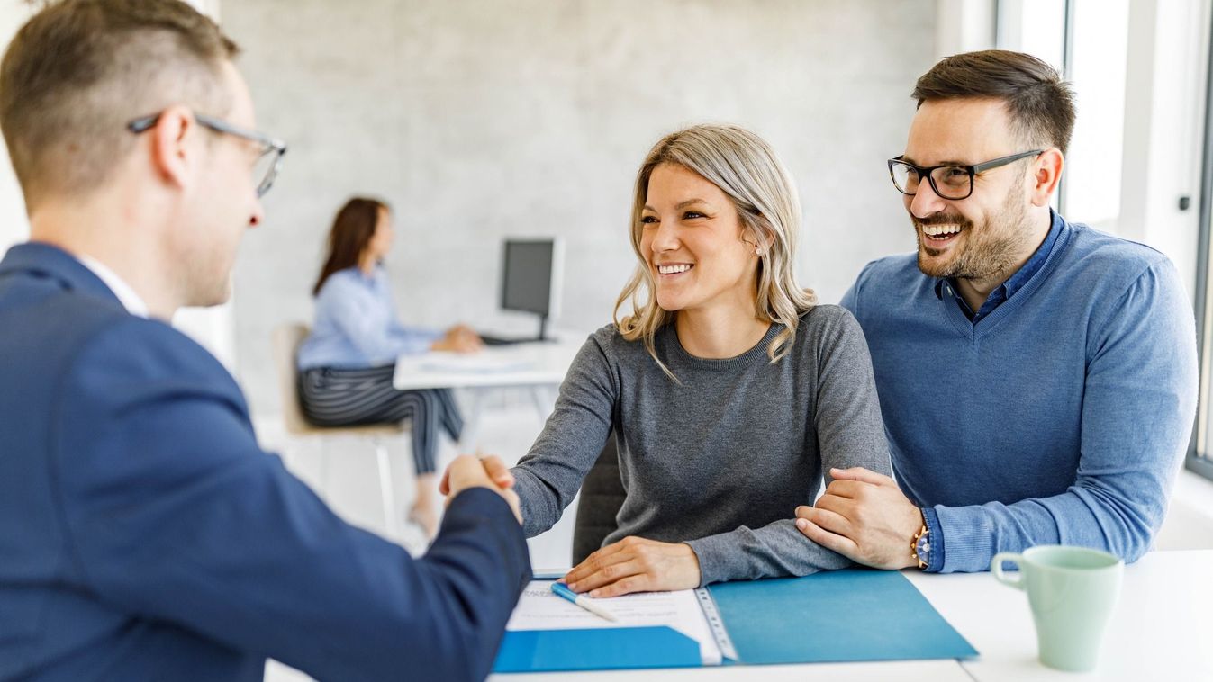 Happy couple came to an agreement with their financial advisor in the office.