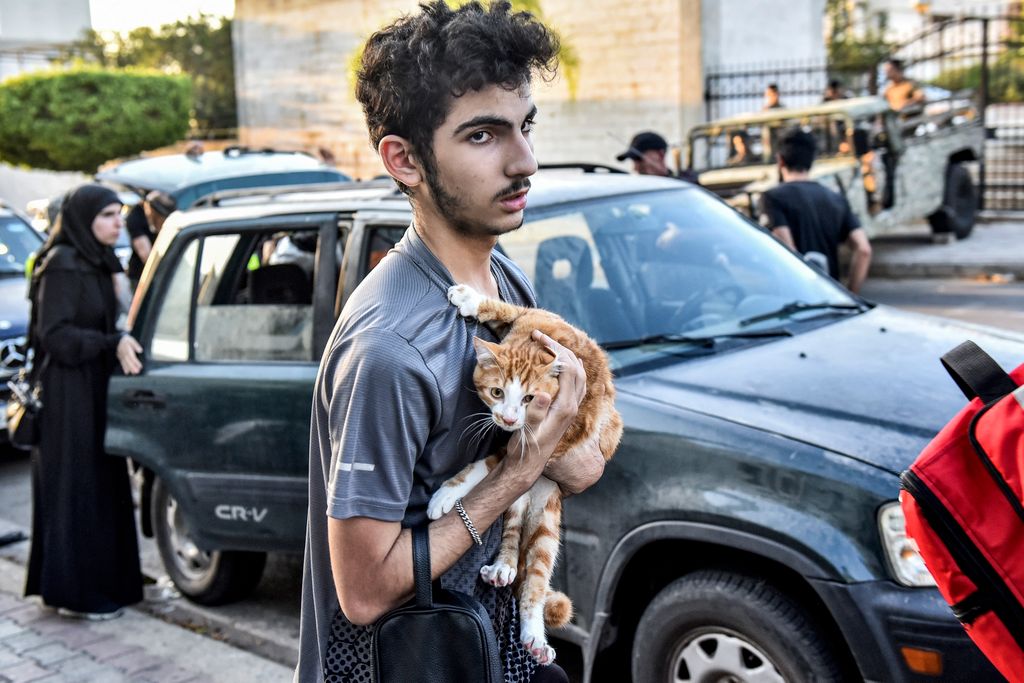 A youth holds a cat to his chest as people who fled their villages in southern Lebanon are received at an art institute transformed to shelter for persons displaced by conflict, in Beirut on September 23, 2024. Israeli air strikes killed 274 people, including 21 children, in south Lebanon on September 23, the Lebanese health minister said, in by far the deadliest cross-border escalation since war erupted in Gaza on October 7. (Photo by FADEL ITANI / AFP)