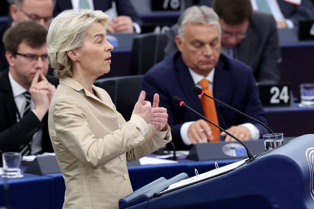 Ursula von der Leyen, az Európai Bizottság elnöke beszédet mond a hat hónapos magyar tanácsi elnökség programjának ismertetéséről szóló vitában, az Európai Parlament plenáris ülésének részeként a kelet-franciaországi Strasbourgban 2024. október 9-én