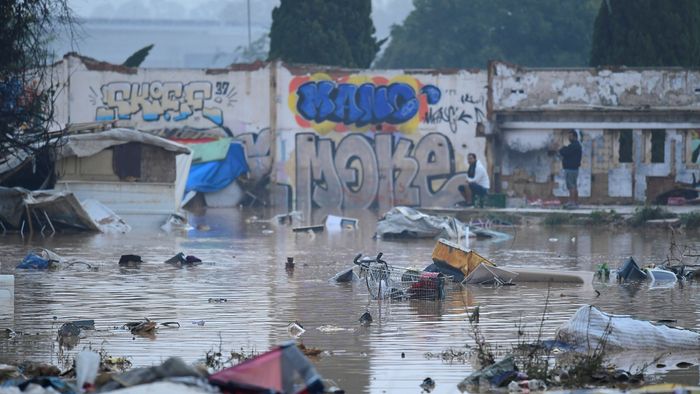 A flooded slum area is pictured in Picanya, near Valencia, eastern Spain, on October 30, 2024. Floods triggered by torrential rains in Spain's eastern Valencia region has left 51 people dead, rescue services said on October 30. (Photo by Jose Jordan / AFP)