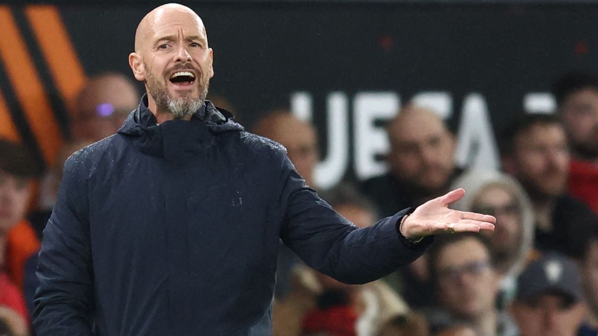 Manchester United's Dutch manager Erik ten Hag reacts during the UEFA Europa league stage football match between Manchester United and FC Twente at Old Trafford stadium in Manchester, north west England, on September 25, 2024. (Photo by Darren Staples / AFP)