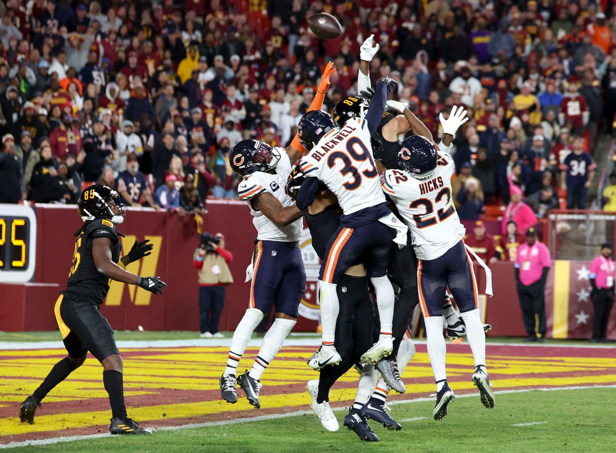 The Chicago Bears tip a deep pass that Washington Commanders wide receiver Noah Brown (85) caught for a game-winning touchdown on the final play of the fourth quarter Sunday, Oct. 27, 2024, at Northwest Stadium in Landover, Maryland. (Brian Cassella/Chicago Tribune/TNS/ABACAPRESS.COM - NO FILM, NO VIDEO, NO TV, NO DOCUMENTARYNo Use Tyrique Stevenson NFL Hail Mary