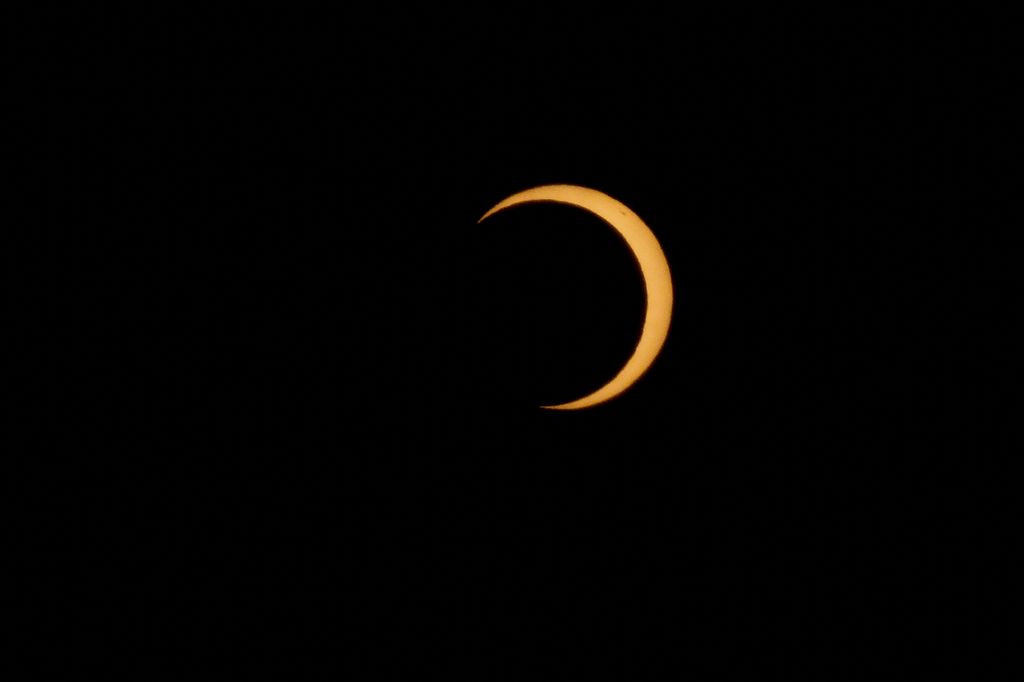 Solar eclipse in Chile
COYHAIQUE, CHILE - OCTOBER 02: A general view of the solar eclipse in Coyhaique, Chile, on October 02, 2024. Part of the southern hemisphere witnessed an annular eclipse on Wednesday that occurred when the Moon almost completely covered the Sun, a spectacle that was seen from Chilean and Argentine Patagonia. Lucas Aguayo Araos / Anadolu (Photo by Lucas Aguayo Araos / ANADOLU / Anadolu via AFP)