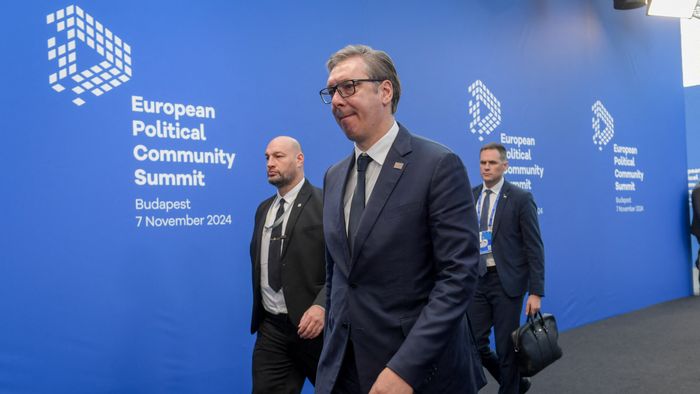 European Political ComPresident of Serbia Aleksandar Vucic arrives for the European Political Community Summit in Budapest, on November 7, 2024. (Photo by Ferenc ISZA / AFP)munity summit