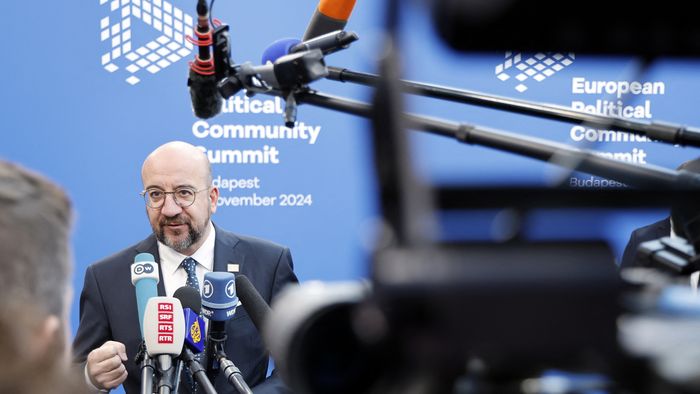 European PolEuropean Council President Charles Michel answers journalists questions upon arrival for the European Political Community Summit in Budapest, on November 7, 2024. (Photo by Ludovic MARIN / AFP)itical Community summit