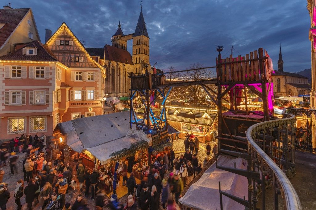 Christmas market and medieval fair in the market square, Esslingen, Baden-Württemberg, Germany