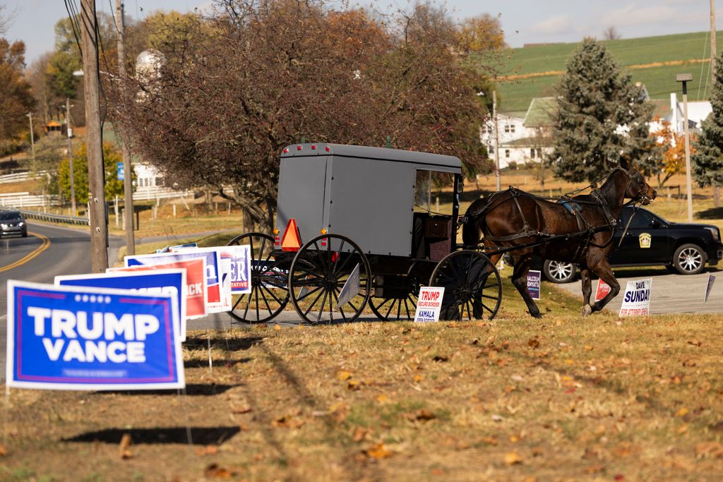 An Amish horse and buggy makes its way toward a polling location at the Leacock Township Municipal building in Intercourse, Pennsylvania, on Election Day, November 5, 2024. (Photo by RYAN COLLERD / AFP)