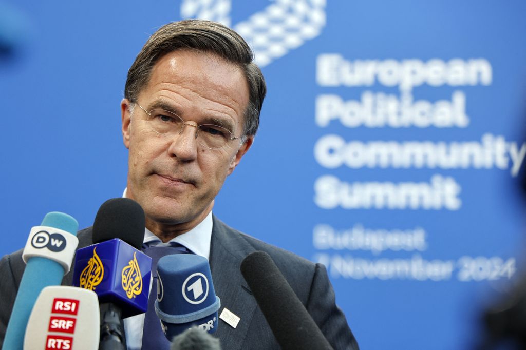 European Political NATO Secretary General Mark Rutte answers journalists questions upon arrival for the European Political Community Summit in Budapest, on November 7, 2024. (Photo by Ludovic MARIN / AFP)Community summit