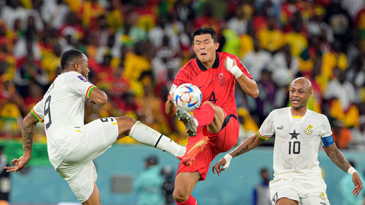 South Korea vs Ghana: FIFA World Cup 2022
Al RAYYAN, QATAR - NOVEMBER 28: Kim Min-jae #4 of South Korea and Andre Ayew #10 and Jordan Ayew #9of Ghana in action during the FIFA World Cup Qatar 2022 Group H match between South Korea vs Ghana at Education City Stadium in Al Rayyan, Qatar on November 28, 2022. Salih Zeki Fazlioglu / Anadolu Agency (Photo by SALIH ZEKI FAZLIOGLU / ANADOLU AGENCY / Anadolu via AFP) Dárdai testvérek