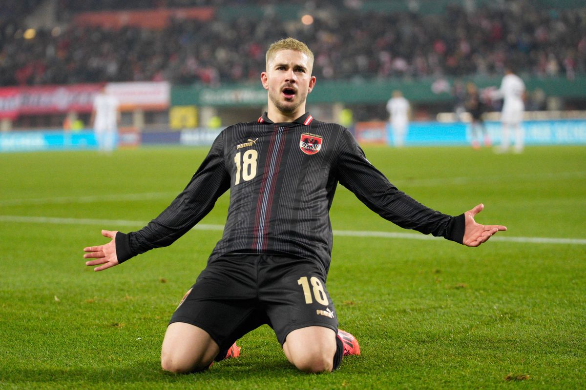 20241117 Austria v Slovenia - UEFA Nations League 2024/25 League B Group B3 LINZ, AUSTRIA - NOVEMBER 17: Romano Christian Schmid of Austria celebrates his goal to 1:0 during the UEFA Nations League 2024/25 League B Group B3 match between Austria and Slovenia at on November 17, 2024 in Vienna, Austria.241117_SEPA_19_025 - 20241117_PD7620 (Photo by Guenther Iby / APA-PictureDesk / APA-PictureDesk via AFP) magyar válogatott lehetséges ellenfelei Nemzetek Ligája