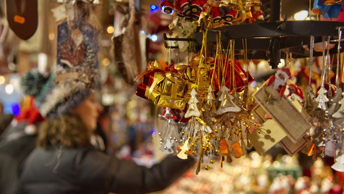 FRANCE, ALSACE, BAS-RHIN (67), STRASBOURG, SALE OF CHRISTMAS DECORATIONS ON THE CHRISTMAS MARKET ON PLACE BROGLIE (CHRISTKINDELSMARIK)FRANCE, ALSACE, BAS-RHIN (67), STRASBOURG, SALE OF CHRISTMAS DECORATIONS ON THE CHRISTMAS MARKET ON PLACE BROGLIE (CHRISTKINDELSMARIK) (Photo by Jean ISENMANN / ONLY FRANCE / Only France via AFP)