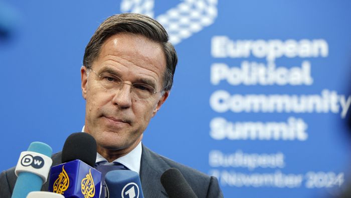 European Political NATO Secretary General Mark Rutte answers journalists questions upon arrival for the European Political Community Summit in Budapest, on November 7, 2024. (Photo by Ludovic MARIN / AFP)Community summit